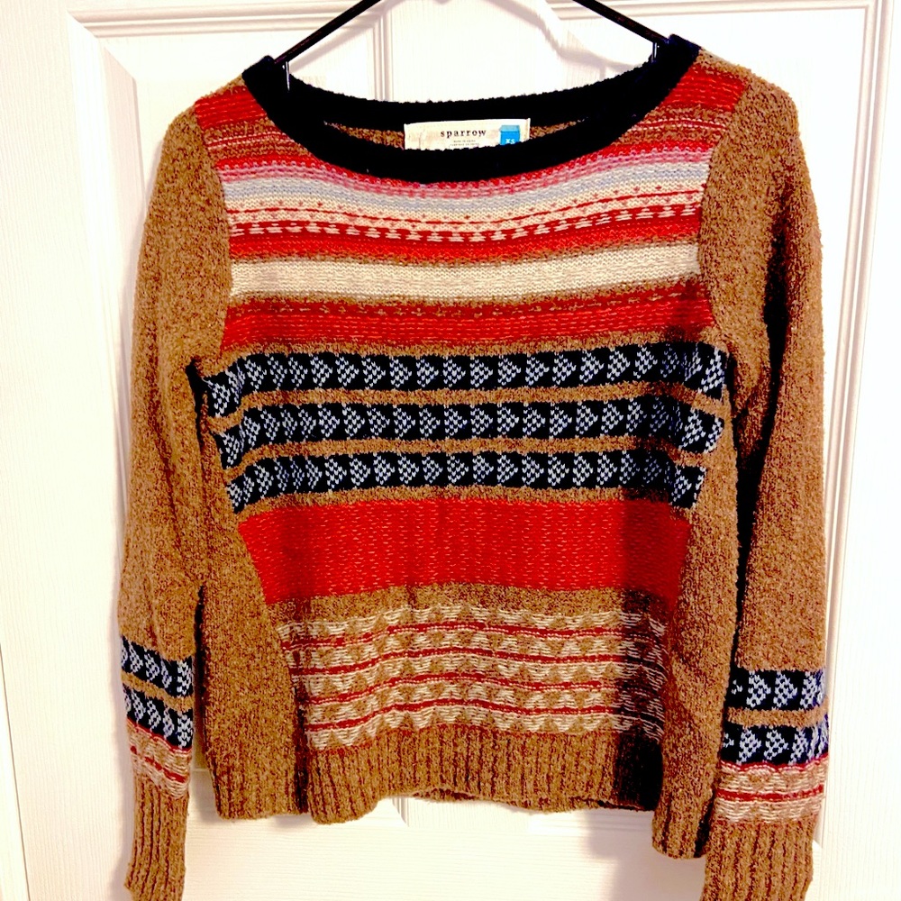Anthropology Sparrow Sweater, Brown Wool with Geometric Print